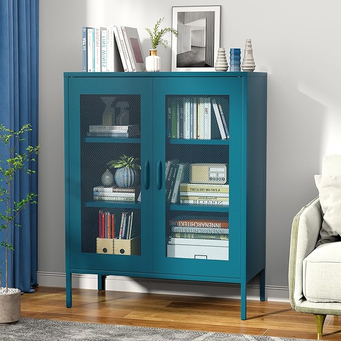 Blue Metal Storage Cabinet with Mesh Doors, Small Office Storage with 2 Adjustable Shelves, Accent Metal Locker for Home, Office, Living Room, Hallway