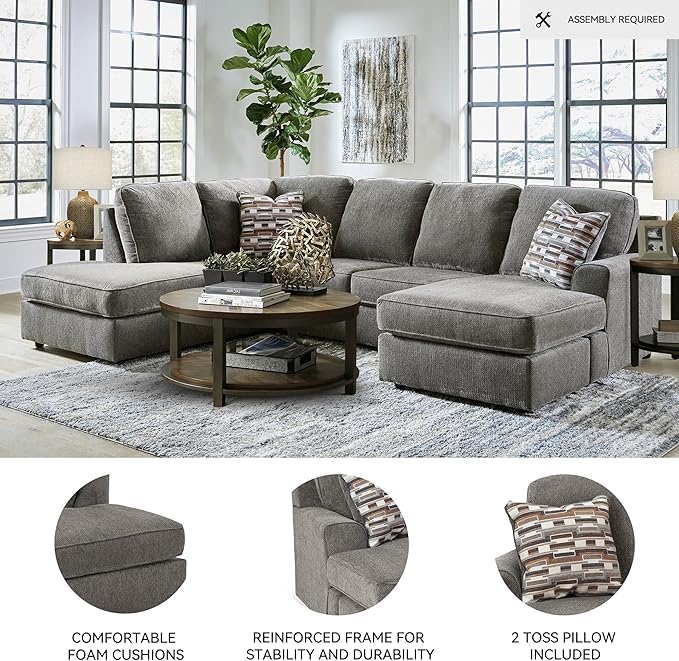 Signature Design by Ashley O'Phannon Casual Left-Arm Facing Herringbone Chenille 2-Piece Sectional with Chaise, Loose Seat Cushions and 2 Throw Pillows, Gray