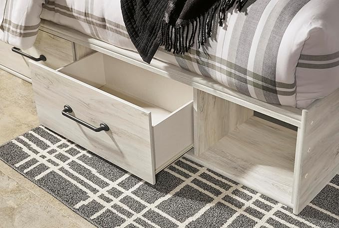 Signature Design by Ashley Cambeck Farmhouse Full Panel Platform Bed with 4 Storage Drawers, Sconce Light and USB Ports, Foundation or Box Spring Not Needed, Whitewash