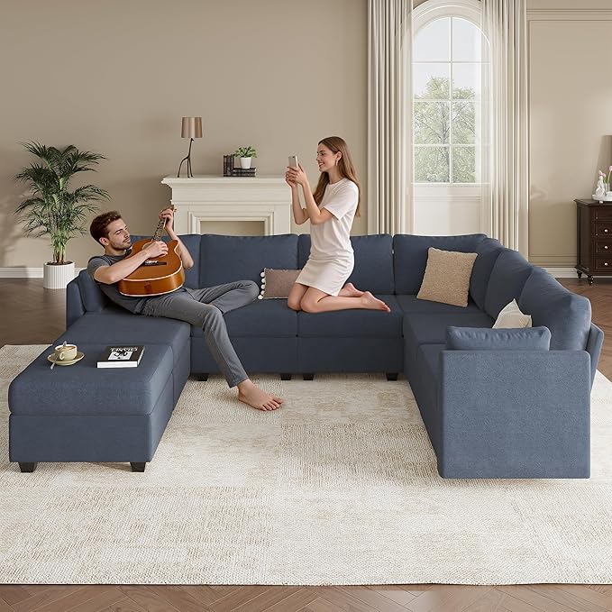 Modular Sectional Sofa Couches, Large Convertible Modular Couches With Storage, 8-Seater Sectional Sofa For Living Room, U Shaped Sectional Couch Sleeper Sofa With Chaise (BlueGrey, 8 Seats)