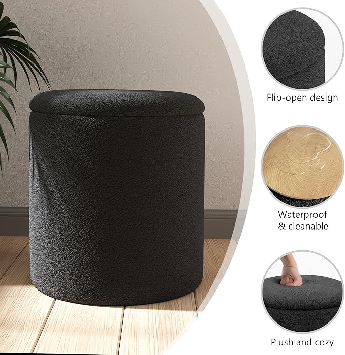 Ottoman Poufs with Storage, Set of 2 Soft Upholstered Vanity Stool,Multifunctional Ottomans Coffee Table Padded Seat Foot Rest for Living（Black, Pack of 2）