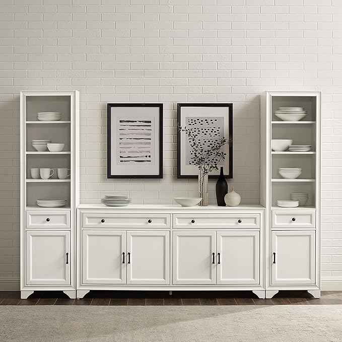 Crosley Furniture Tara 3-Piece Modern Farmhouse Sideboard Buffet Cabinet and Bookcase Set with Storage, Distressed White