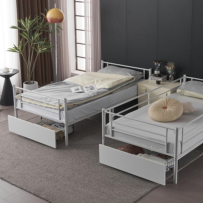 Karl home White Bunk Bed Twin Over Twin with 2 Storage Drawers, Metal Bunk Bed with Built-in Ladder and Safety Guardrail, Space-Saving Twin Bunk Beds for Kids, Teens & Adults, No Box Spring Needed