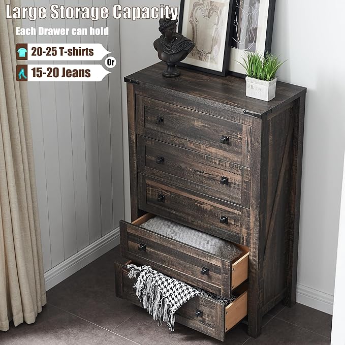 T4TREAM Farmhouse 5 Drawers Dresser Chests for Bedroom, Wood Rustic Tall Chest of Drawers, Dressers Organizer for Bedroom, Living Room, Hallway, Dark Rustic Oak