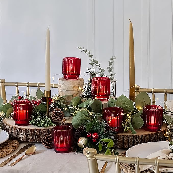 Kate Aspen Vintage Ribbed Red Glass Candle Holders Set of 6 - Votive & Tealight Candle Holder Decor for Holiday Table Decor, Christmas Dining Tablescape, Fall & Boho Home Accents (27206RD)