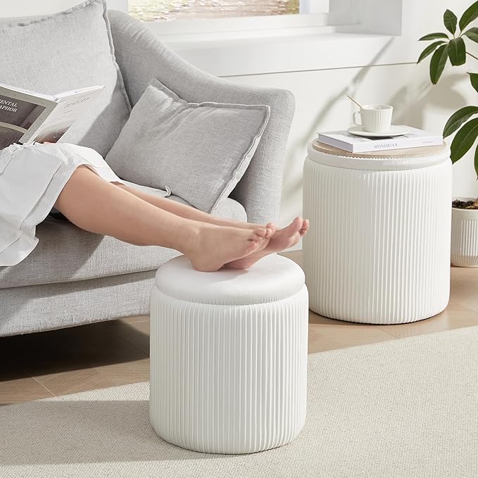 Royal Windsor Round Ottoman with Storage Set of 2,Vanity Stool with Storage for Bedroom, Ottoman Coffee Table,Small Velvet Foot Stool for Living Room, White