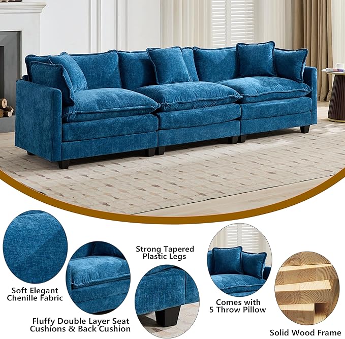 Aoowow Modular Sectional 3 Seater Cloud Sofa Couch for Living Room,Roomy Cloud Sofas with Deep Seat,Modern Chenille 3 Seat Sofas,Fluffy Cloud Couches for Bedroom,Apartment,Office (Blue, 3 Seater)