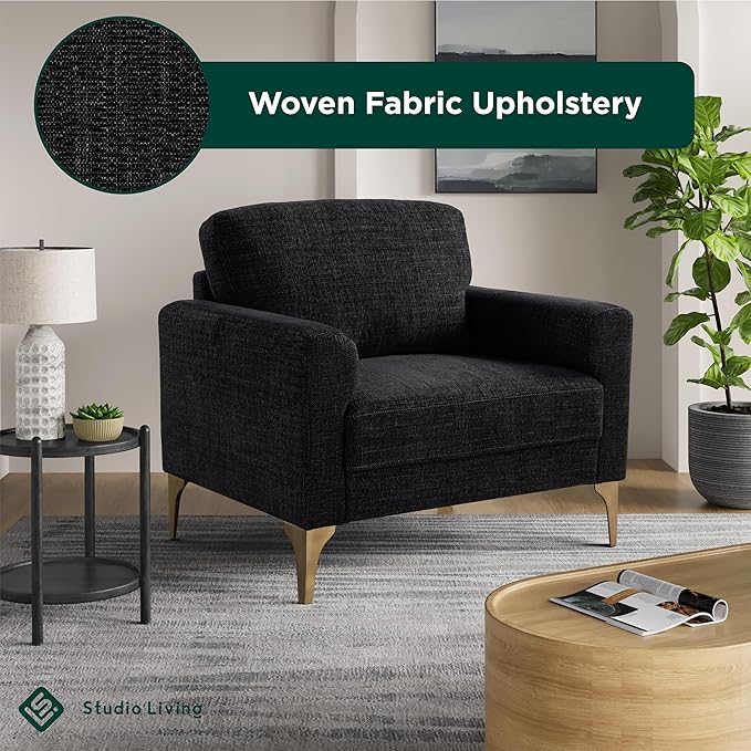 Studio Living® Matthew 39.8" Arm Chair, Mid-Century Modern, Pocket Coil Comfort, Metal Brushed Bronze Legs, Chenille Fabric, Black