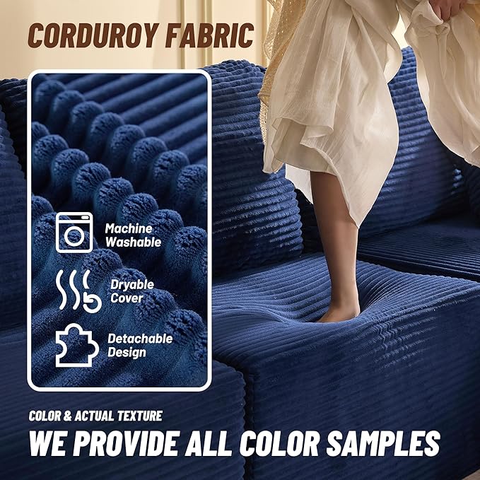 Chaise Lounge Chair, Boneless Couch for Living Room and Bedroom, Sleeper Couches Reading Chairs, Corduroy, Blue
