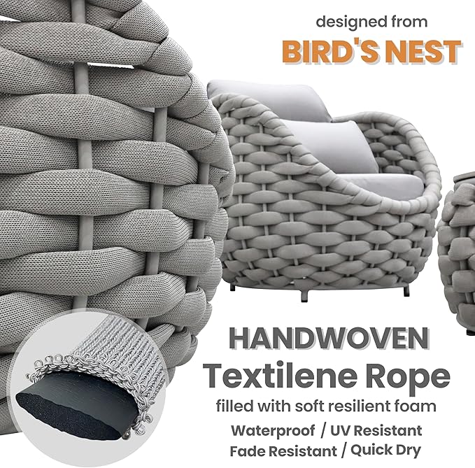 Woven Rope Patio Furniture Set: 4 Pieces Aluminum Outdoor Conversation Sofa Set Assembled - Modern Couch Set Cushioned - All Weather Metal Porch Seating for 5 Person Deck Garden Pool Hotel, Gray