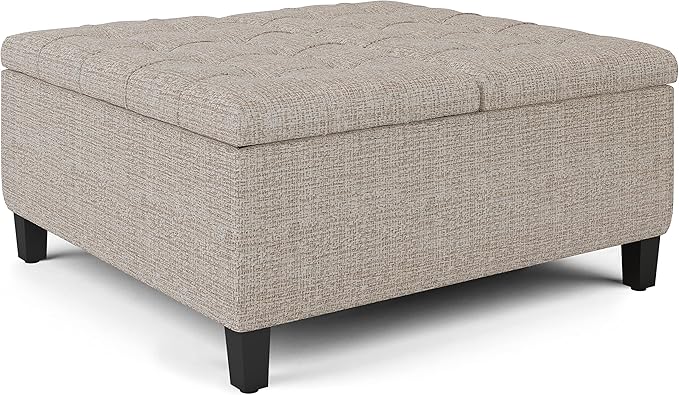 SIMPLIHOME Harrison Coffee Table Storage Ottoman - 36 inch Wide Upholstered Tweed Look Fabric Square Lift-Top Ottoman in Platinum, Transitional Ottoman for Living Room with Hidden Storage