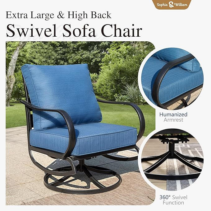 Sophia & William 2 Pieces Patio Furniture Sets Metal Sofa Chairs Patio Cushion Armchairs Swivel Sofa Chairs with Removable Cover for Garden Backyard Poolside Peacock Blue