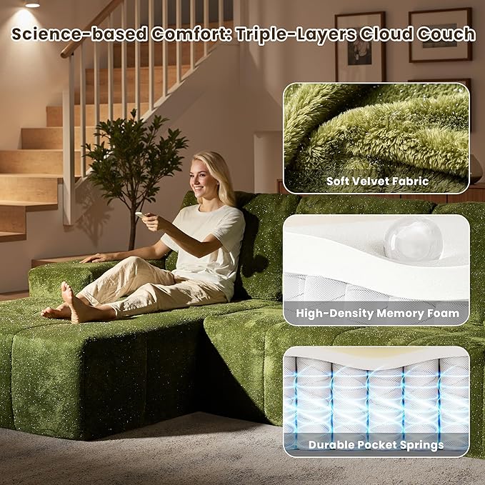 114" Glitter Cloud Sectional Couch with L-Shape Chaise & Ottoman, Modern Boneless Couches for Living Room, Fluffy Tufted Deep Seat Modular Sofa No Assembly (Green Sparkly Velvet,Left Facing)