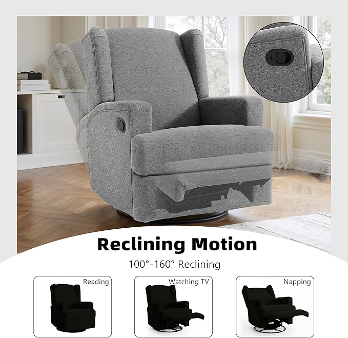 Swivel Glider Recliner Chair for Adults with Deep Seat - High Back Rocker Reclining Accent Chair, Manual Recliner for Living Room & Nursery, Comfortable Upholstered Fabric Armchair-Light Gray