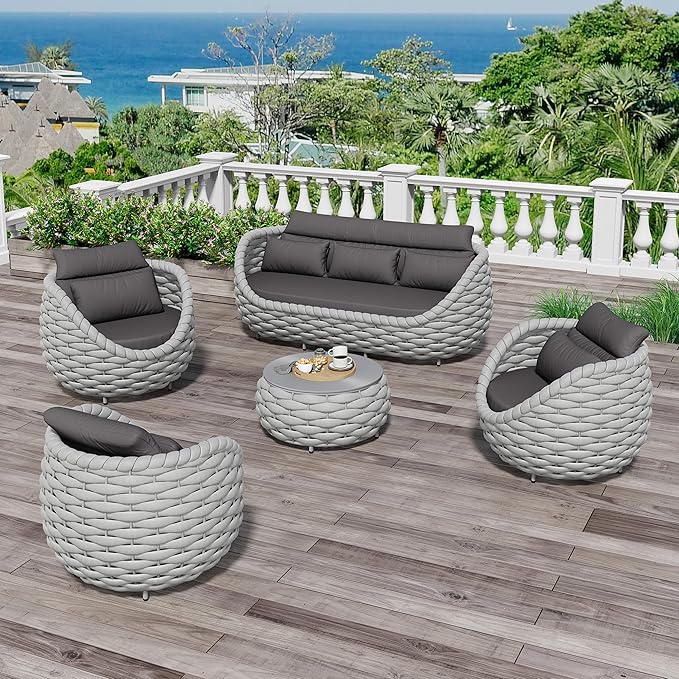 Aluminum Outdoor Patio Couch Set: 5 Pieces Woven Rope Porch Furniture Sofa Set Cushioned - Metal Modern Deck Conversation Set - All Weather Assembled Courtyard Seating for Backyard Pool Hotel