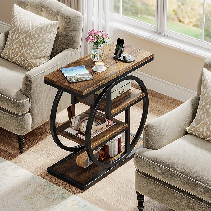 Tribesigns End Table for Living Room, 4-Tier Narrow Side Table with Storage Shelves, Industrial Bedside Table for Bedroom, Wood Small Sofa Side Table with Geometric Metal Frame (1 PC, Rustic Brown)