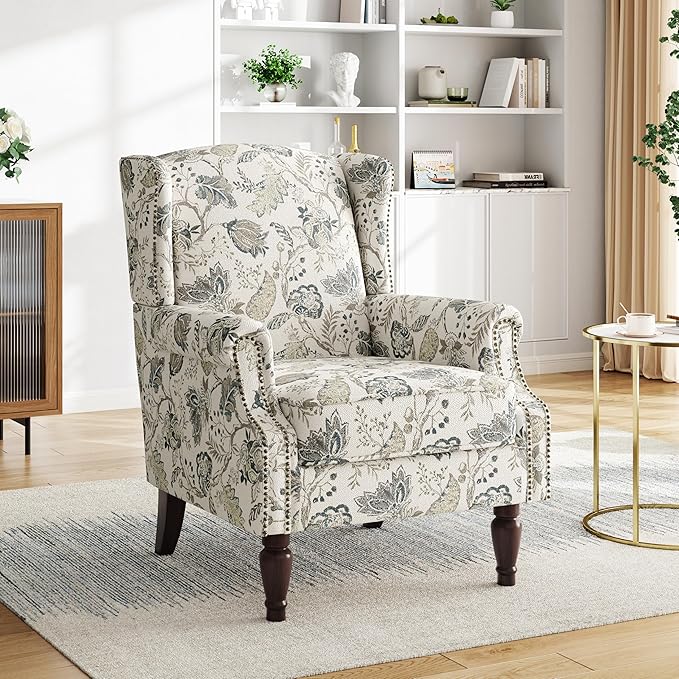 Pia Ricco High Back Floral Accent Chair - Retro Wingback Upholstered Armchair with Nailhead Trim, Solid Wood Legs, Fabric Living Room Bedroom Reading Chair (Plants Beige)