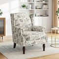Pia Ricco High Back Floral Accent Chair - Retro Wingback Upholstered Armchair with Nailhead Trim, Solid Wood Legs, Fabric Living Room Bedroom Reading Chair (Plants Beige)
