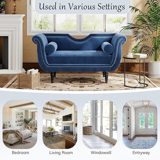 Christopher Knight Home Aurora Velvet Chaise Lounge Indoor with 2 Bolster Pillows, Upholstery Entryway Bench with Nailhead Trim & Curved Arms, End of Bed Bench Ottoman and Wooden Legs, Dark Blue