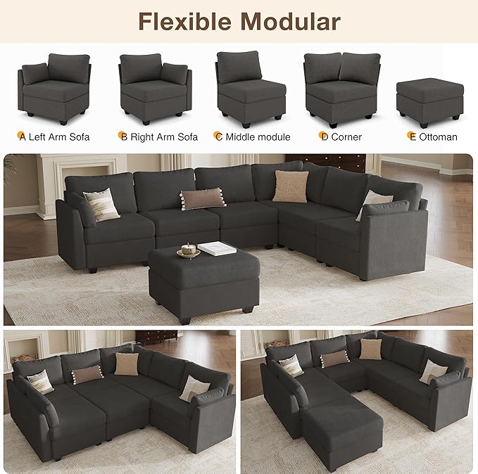 Modular Sectional Sofa Couches, Large Convertible Modular Couches With Storage, 7-Seater Sectional Sofa For Living Room, U Shaped Sectional Couch Sleeper Sofa With Chaise (DarkGrey, 7 Seats)