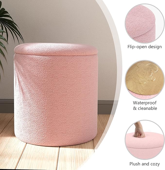 Ottoman Poufs with Storage, Set of 2 Soft Upholstered Vanity Stool,Multifunctional Ottomans Coffee Table Padded Seat Foot Rest for Living（Pink, Pack of 2）