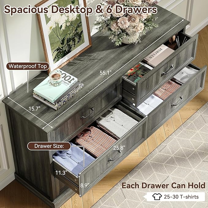 Farmhouse Dresser and Nightstand Sets, 4Pcs Bedroom Furniture Set, Nightstand Set of 2 & 55" Wide 6 Drawer and 44" Tall 5 Drawer Dresser with Large Drawers & Bar Handles, Grey