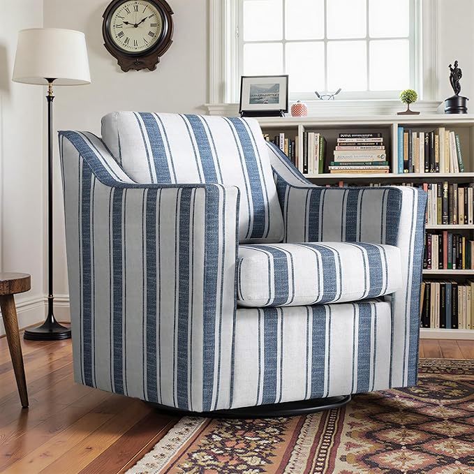 Pia Ricco Set of 2 Oversized Modern Striped Fabric Swivel Accent Chairs with Removable Covers, Living Room Reception Set,Navy