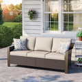 75" Patio Metal Wicker Sofa, 3-seat Deep Seat & Upholstered Couch, Outdoor All-Weather Rattan Loveseat with Washable Cushions, Steel Frame, Garden (Beige and Brown Stripe)