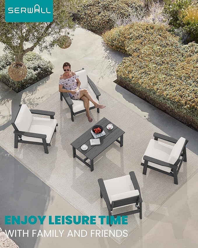 SERWALL Outdoor Patio Furniture Set, 5 Piece HDPE Patio Conversation Sets, All-Weather Wood-Like Outdoor Couch Loveseat and Coffee Table with Thick Cushions for Porch Balcony Garden Backyard