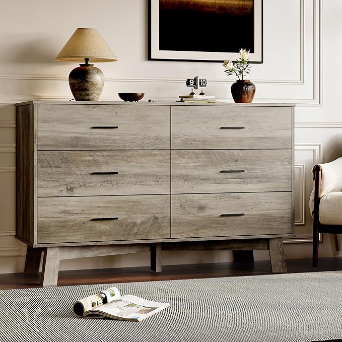 Dresser for Bedroom with 6-Drawer, 47.2" Modern Chest of Drawers with Metal Handles, X-Shape Base & Adjustable Center Leg, Anti-Tip Closet Organizers and Storage