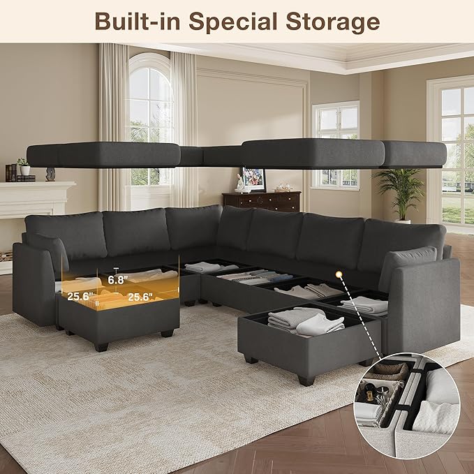 Modular Sectional Sofa Couches, Large Convertible Modular Couches With Storage, 8-Seater Sectional Sofa For Living Room, U Shaped Sectional Couch Sleeper Sofa With Chaise (DarkGrey, 8 Seats)