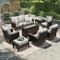 HERA'S HOUSE 8-Piece Outdoor Furniture Set with Fire Pit Table, Patio Conversation Set with 5.5" Thick Cushions & High Back Swivel Chairs, All-Weather Wicker Deep Seating Sofa with Ottomans, Grey