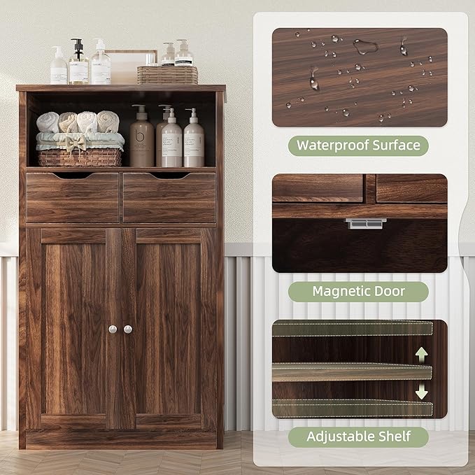 Shintenchi Floor Storage Cabinet, Bathroom Storage Organizer with Doors and Drawers, Freestanding Side Cupboard Pantry with Adjustable Shelf for Bathroom/Kitchen/Livingroom, Walnut