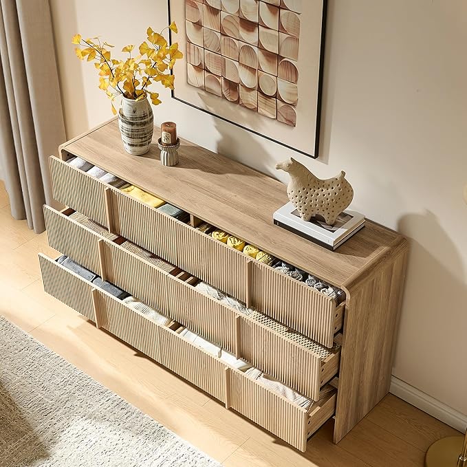 AMERLIFE 63" Fluted 6 Drawer Dresser, Long Modern Chest of Storage Drawers with Pine Handles, Rounded Corners & Anti-Tip Design, Wood Closet Organizer for Bedroom, Living Room, Nursery, Natural Oak