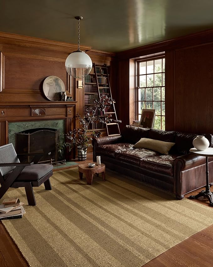 Loloi Leanne Ford Weatherstaff Collection WTS-03 Natural/Olive 8'-6" x 11'-6" Area Rug Jute, Striped, Neutral, Living Room, Bedroom, Dining Room
