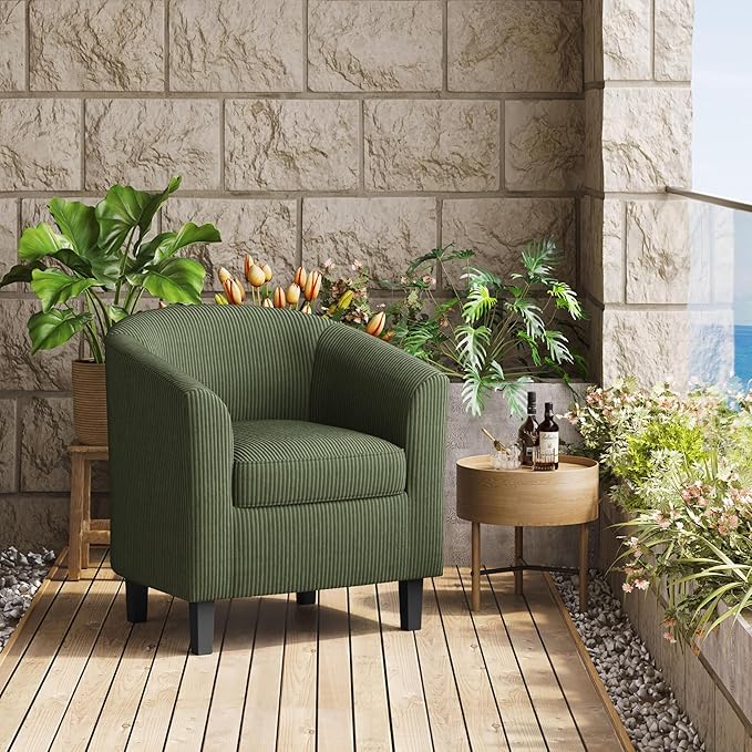 Yaheetech Corduroy Barrel Chair, Upholstered Club Accent Chair, Round Armchair with Soft Cushion for Living Room Bedroom Reading Room, Dark Green