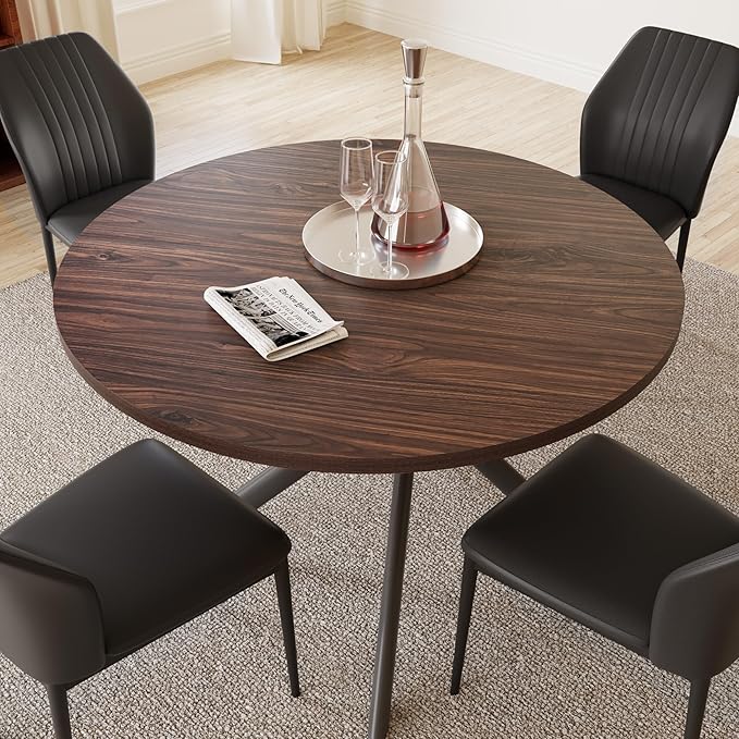 45.3'' Walnut Round Dining Table Set for 4, Mid Century Modern Small Coffee Set for Dining Room Kitchen Apartment (Dark Walnut Table + 4 Black Chairs)