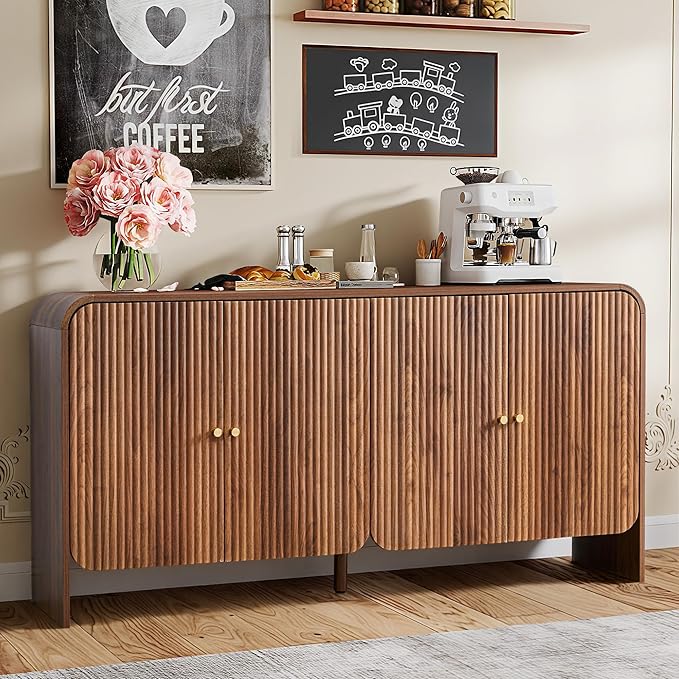Fluted Sideboard Buffet Cabinet with Storage, 59'' Curved Buffet Cabinet with 4 Doors & Shleves, Modern Credenza Wood Coffee Bar Table Console for Dining Room Kitchen Living Room Entryway, Walnut