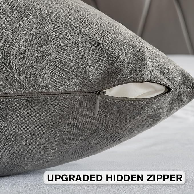 FUTEI Dark Grey Velvet Throw Pillow Covers 18x18 Inch Set of 2,Soft Embossed Leaf-Relief Textured Cushion Cases,Natural Home Decor for Couch Living Room