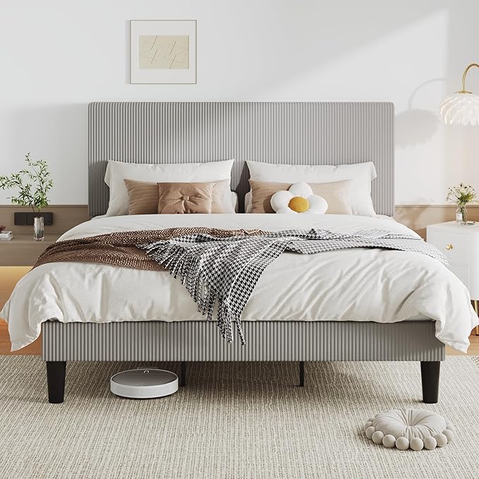 Allewie King Size Upholstered Bed Frame with Vertical Channel Tufted Headboard, Soft Corduroy Fabric Platform Bed, Strong Wooden Slats Support, Easy Assembly, No Box Spring Needed, Light Grey