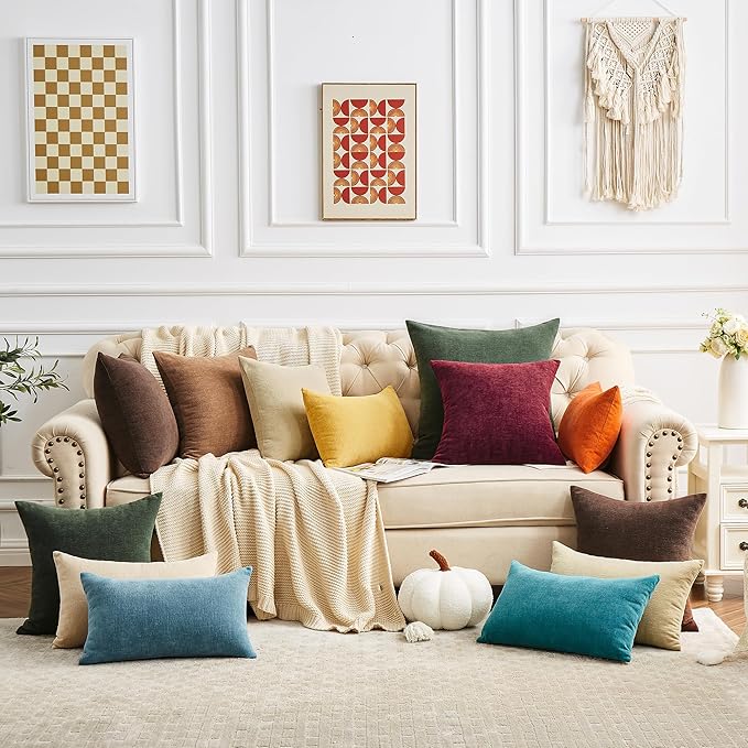 GAWAMAY Decorative Square Throw Pillow Covers 18"x18" Inch Set of 2, Super Soft Chenille Pillows Cover Fall Pillowcase for Living Room Bedroom Sofa Couch Cushion Cover Khaki 45x45cm (No Insert)