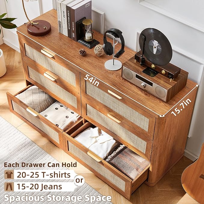 LEYAOYAO Rattan 6 Drawer Dresser for Bedroom Set of 2, 54" Wide Boho Chest of Drawers, Wooden Dressers TV Stand with Metal Handle, Storage Closet Organizer for Living Room, Hallway, Tea Brown