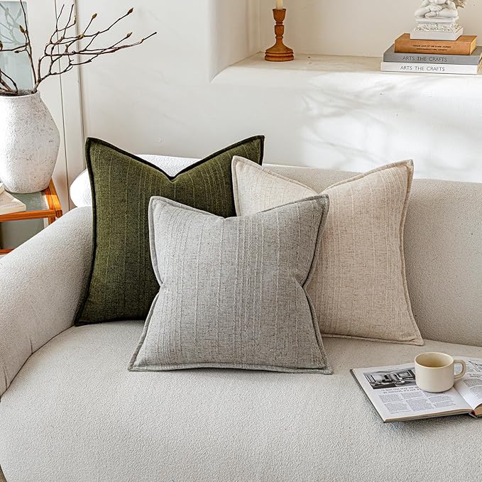 a moment Linen Pillow Covers Set of 2,Boho Farmhouse Throw Pillowcases Neutral Textured Decorative Covers for Couch Sofa, Soft Linen Blend Accent Case Cushion Living Room Home Decor 24"x24"Light Grey
