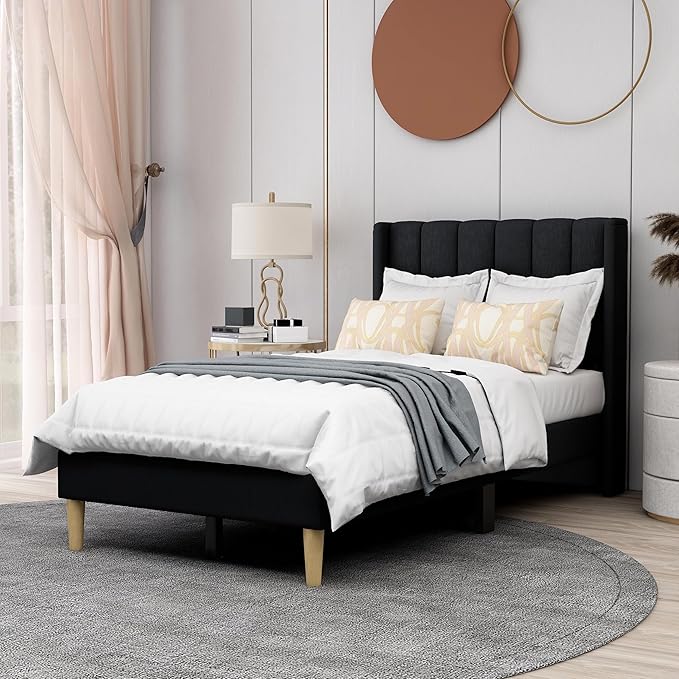 AGARTT Upholstered Platform Bed Frame Twin Size with Headboard and Footboard/Wooden Slats Support/No Box Spring Needed/Easy Assembly,Black Linen