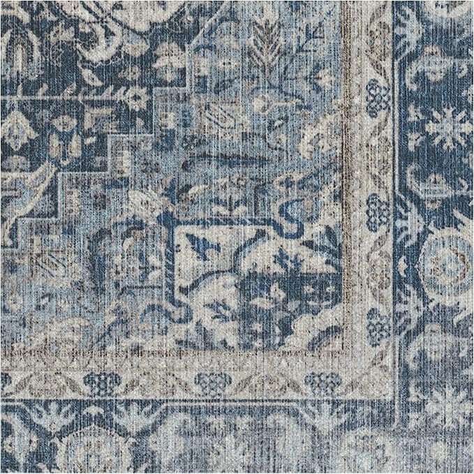 RUGGABLE Washable Area Rug – Kamran Admiral Blue 6 ft Round, Stain-Resistant, Non-Slip – Medium Machine Washable Rugs for Living Room, Bedroom, Hallway, Entryway & Office–with Cushioned Pad