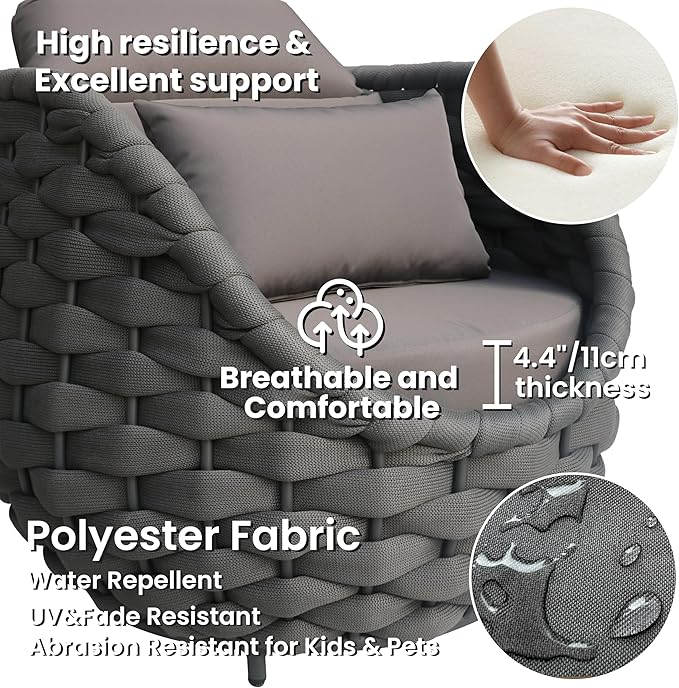 Front Porch Furniture 5 Piece Set: Aluminum Woven Rope Patio Conversation Sofa Set - Assembled Accent Chair Cushioned - Outdoor Armchair Couch Set for 400 lbs Deck Backyard Poolside Garden Hotel