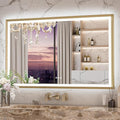 Keonjinn Gold LED Bathroom Mirror 48 x 30 Inch, Frontlit & Backlit Mirror with Metal Framed,Vanity Mirror with Stepless 3 Colors Lights, Anti Fog, UL-Listed LED Driver, HD Tempered Glass