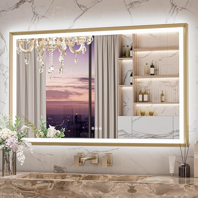 Keonjinn Gold LED Bathroom Mirror 48 x 30 Inch, Frontlit & Backlit Mirror with Metal Framed,Vanity Mirror with Stepless 3 Colors Lights, Anti Fog, UL-Listed LED Driver, HD Tempered Glass