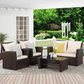 Wisteria Lane 4 Piece Patio Furniture Set, Wicker Outdoor Patio Conversation Furniture Set, All Weather Outdoor Patio Sofa with Cushion and Glass Table, Brown