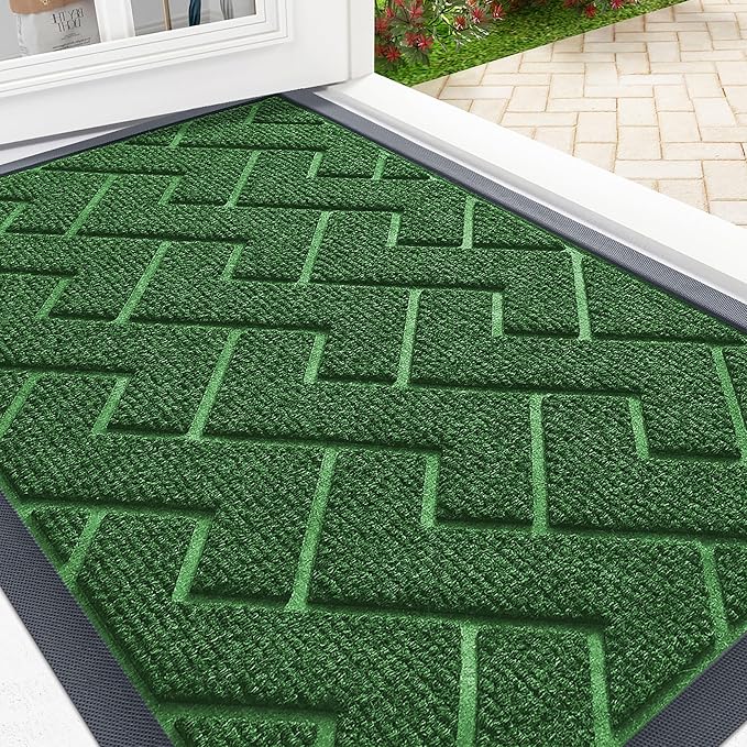OLANLY Front Door Mat Indoor Outdoor Entrance, Waterproof All-Season, All-Weather Doormat, Sturdy Natural Rubber, Low Profile, Easy Clean Patio Porch Entryway Mat, Herringbone Brick (Green, 47x17)